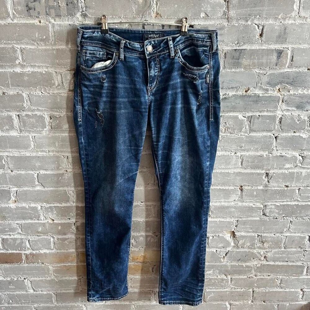 Silver Jeans Co Suki Straight Leg Size W32 L32 Dark Wash Distressed Jeans